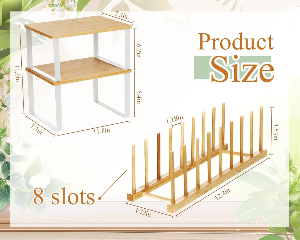 Marsui 4 Pcs Kitchen Organizer Accessories Set Cabinet Organizer Shelf and Bamboo Dish Drying Plate Rack Counter Shelves Storage Holder for Spice Rack, Dish, Pot Lid, Bowl, Cup(Wooden Color)