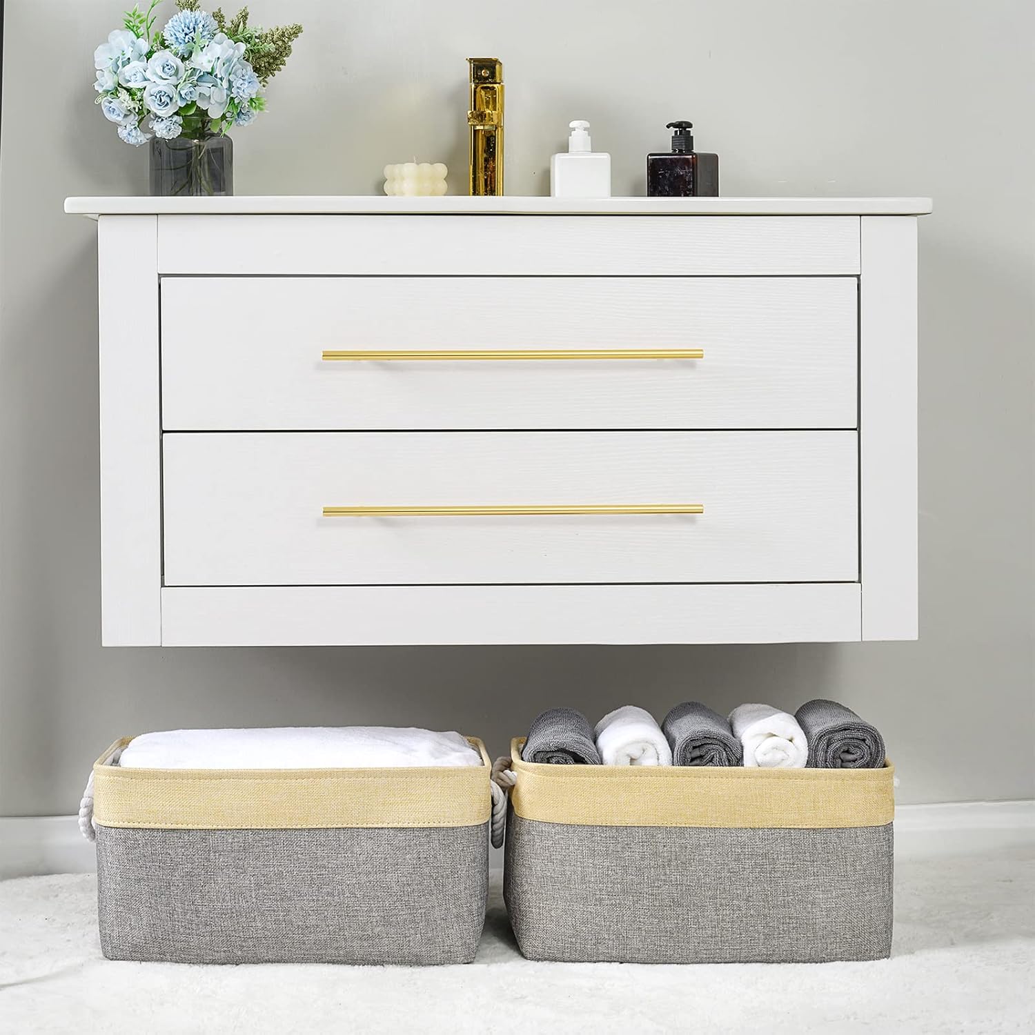 TheWarmHome Storage Basket for Organizing - 3 Pack 14x10x7 inch Large Collapsible Storage Bin for Shelves, Fabric Storage Cubes for Organizer ClosetCloth Gift Toy (Grey & Gold)