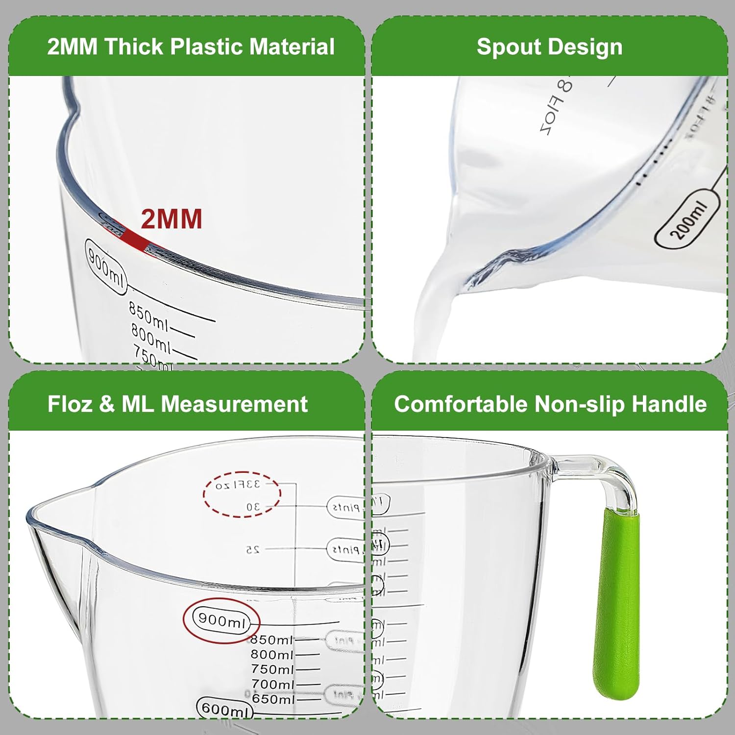 Plastic Measuring Cups Set, 3Pcs BPA Free Stackable Clear Measuring Cup with Spout and Angled Grip Handle, Includes 1 Pint, Oz, ML Measurement for Kitchen Cooking