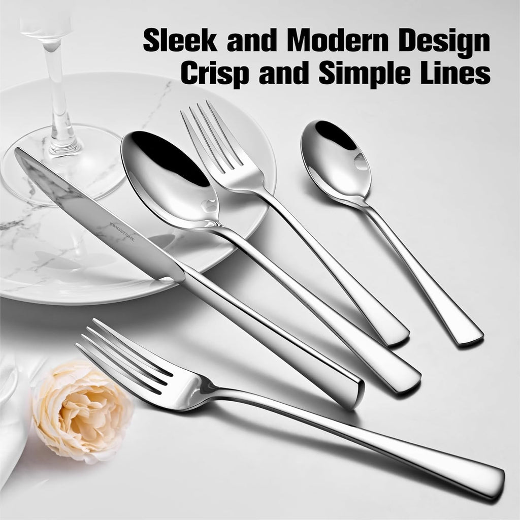 KINGSTONE Silverware Set for 12, 65-Piece Forged 18/10 Stainless Steel Flatware Set, Mirror Finish Cutlery Set Dishwasher Safe for Home, Restaurant, Wedding, Party