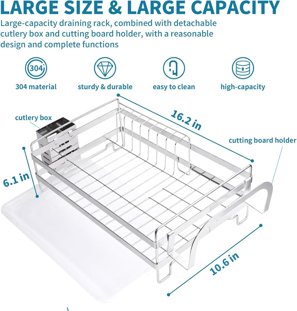 Stainless Steel Dish Racks for Kitchen Counter - Large Dish Drying Rack with Pull Drain Tray, Over The Sink Dish Drainer Drying Rack for Small Spaces, Durable for Countertop Sink