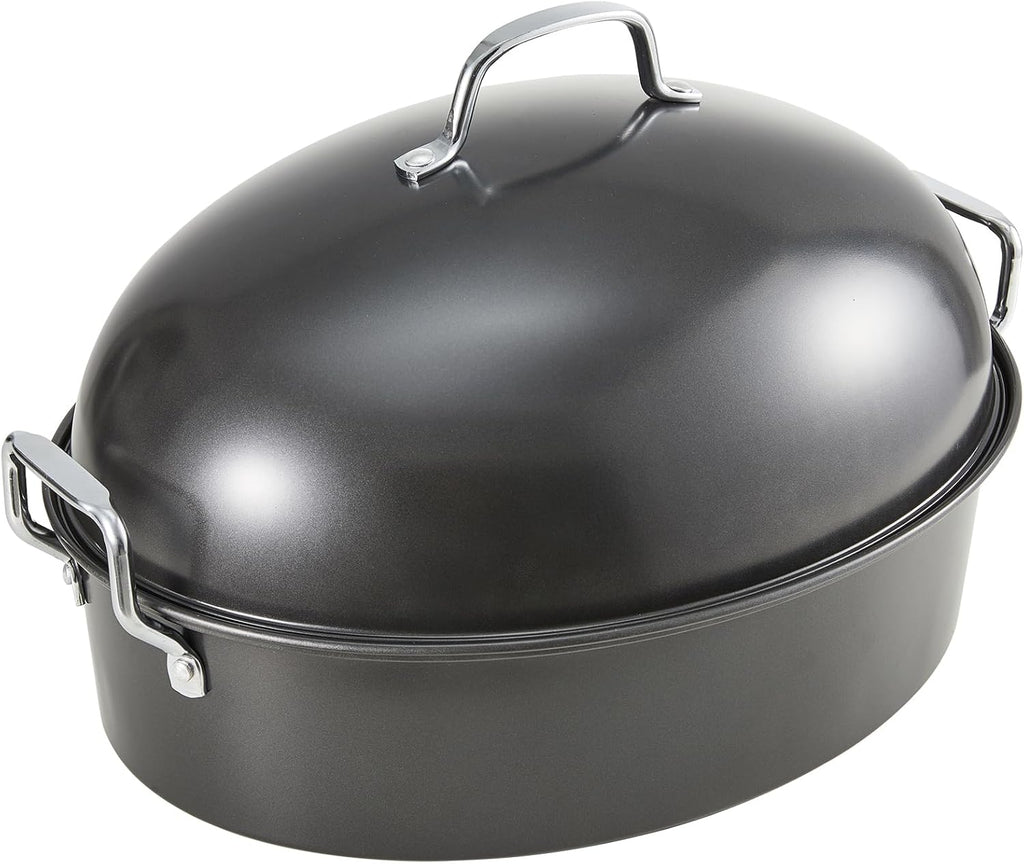 KITESSENSU Extra Large Roasting Pan with Lid - Nonstick Turkey Roaster with Rack 18 x 14 Inch - Heavy Duty Covered Roasting Pot for Oven, Dishwasher Safe, Gray