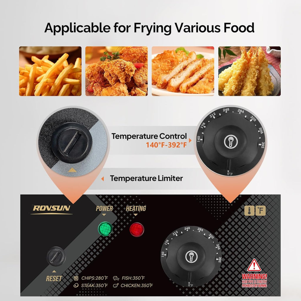 ROVSUN 11.4QT Electric Commercial Deep Fryer with Basket & Lid, Countertop Kitchen Frying Machine, Temperature Adjustable Stainless Steel French Fryer for French Fries Donuts Onion Rings 2500W