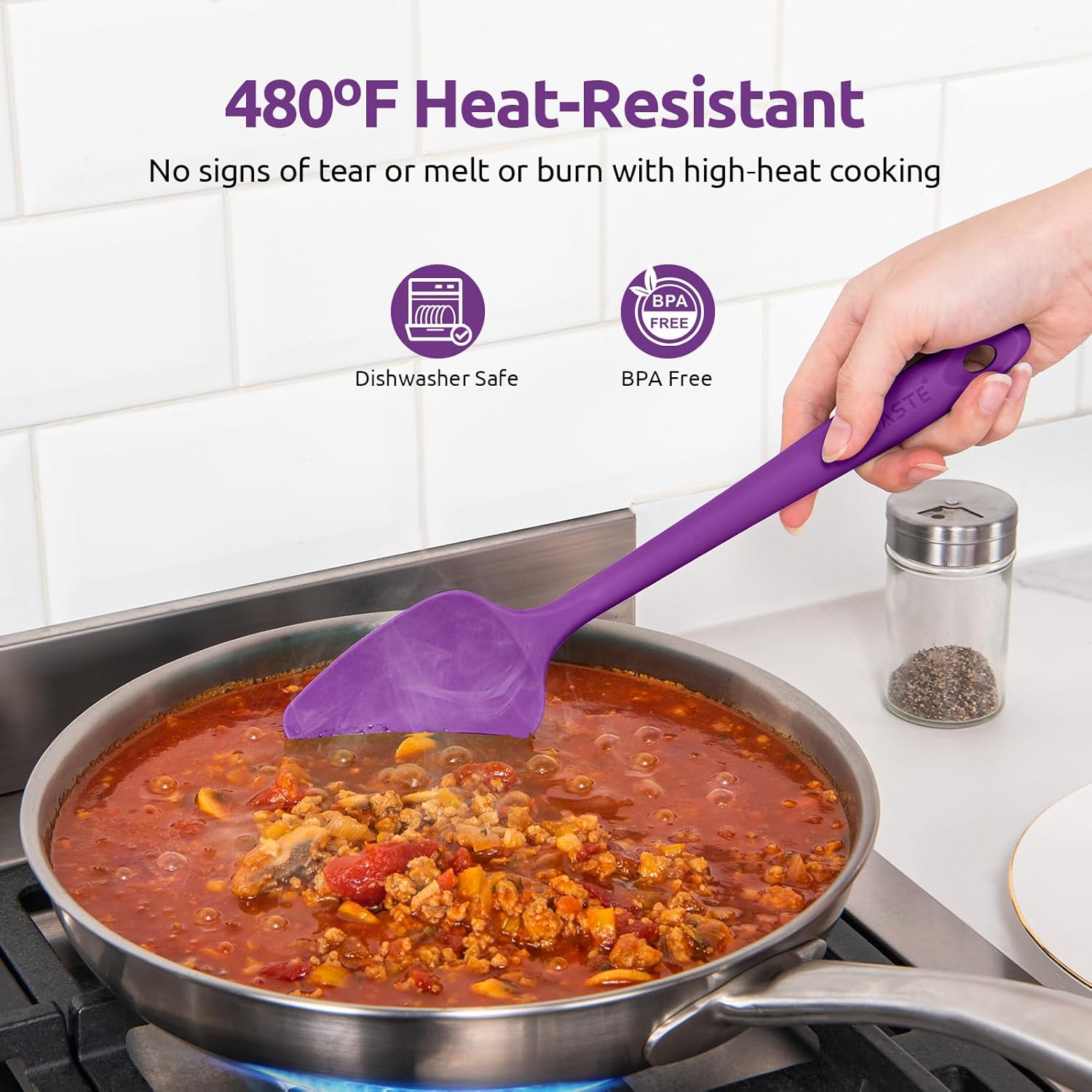 U-Taste Silicone Spoon Spatula Set: 480ºF Heat Resistant Food Grade Flexible Rubber Spoonula, Nonstick Cooking Mixing Scooping Kitchen Baking Scraper Utensils Set of 3 for Pan, Pot, Bowl (Purple)
