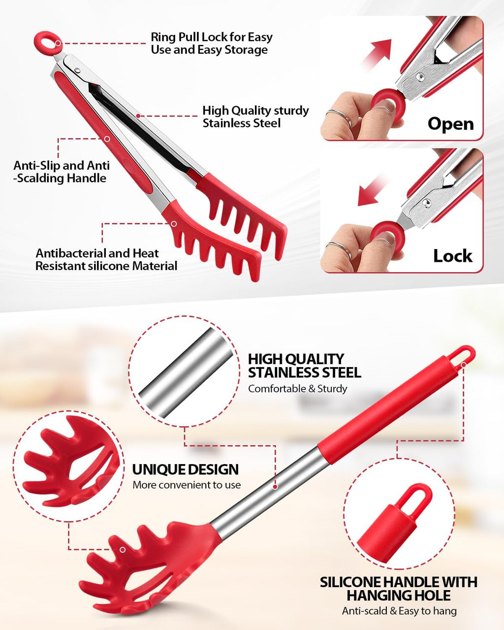 Spaghetti Spoon and Pasta Tong, Non-stick Silicone Spoon Server Fork with teeth and Stainless Steel Handle Spaghetti Tong, Food Clip for Spaghetti Noodle (RED)