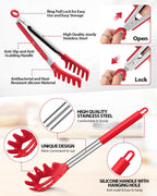 Spaghetti Spoon and Pasta Tong, Non-stick Silicone Spoon Server Fork with teeth and Stainless Steel Handle Spaghetti Tong, Food Clip for Spaghetti Noodle (RED)