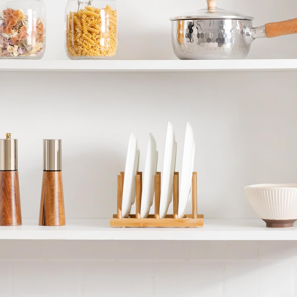 Bamboo Dish Drying Rack for Kitchen Counter and Cabinet, Dish/Book/Plate/Bowl/Cup/Cutting Board/Pot Lid Organizer for Kitchen, Living Room, Study, Display Cabinet (4 Slots)