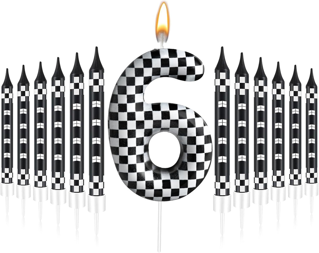 13 Pcs Racing Cars Themed Birthday Candles 12 Black and White Race Number 6 Checkered Candle Cake Topper for Racing Car Party Decoration Supplies (Number 6)