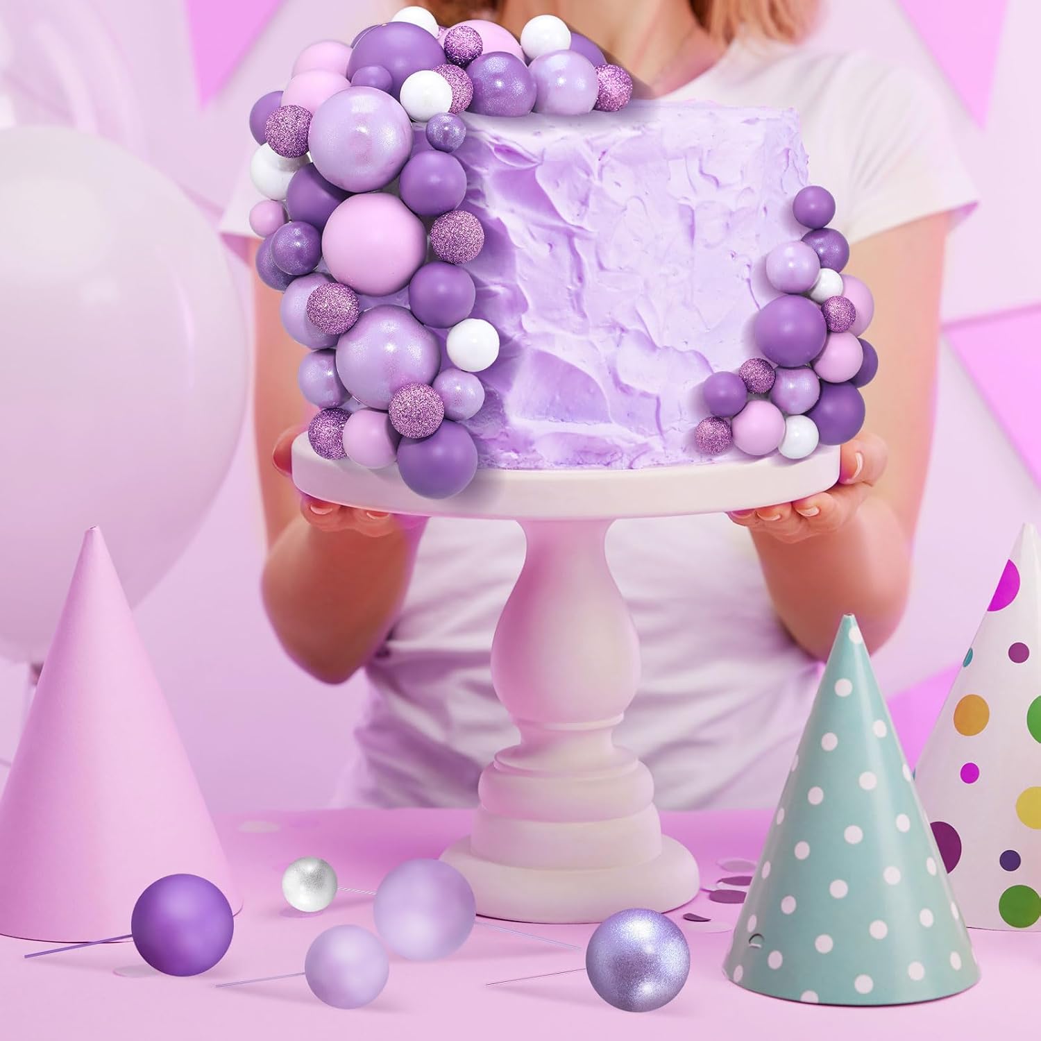 108 Pcs Balls Cake Topper DIY Cupcake Insert Foam Balloons for Cake Baking Wedding Anniversary Birthday Decoration(Assorted Purple,Multi Sizes)