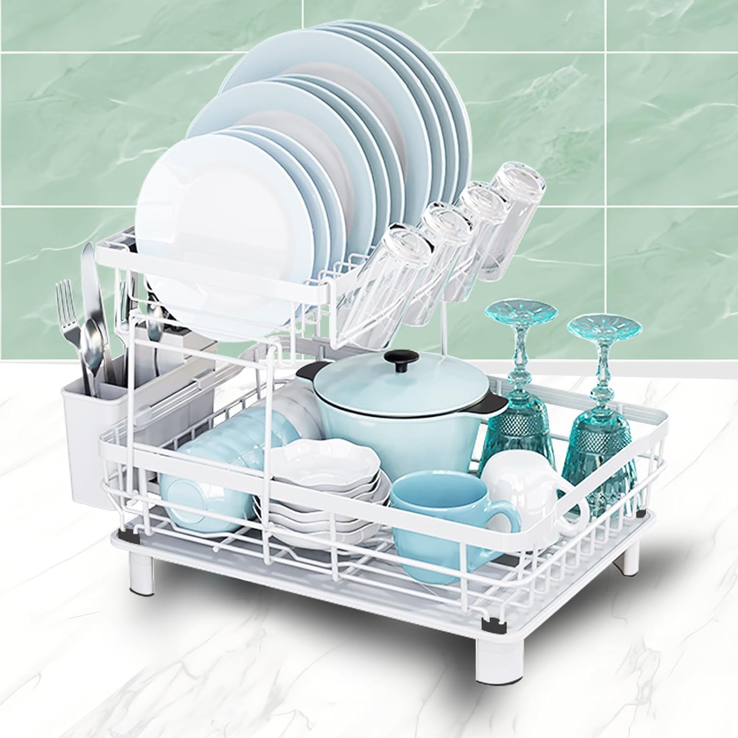GAXmi Dish Drying Rack Over The Sink Drainer with Drainboard Utensil Holder Cup Holder, 2-Tier White