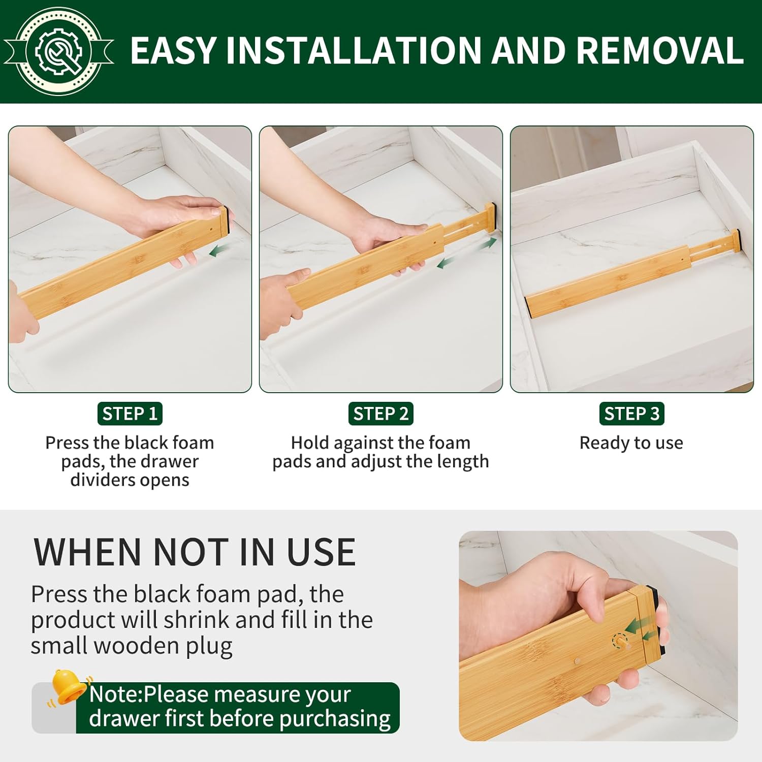 4 Pack Bamboo Drawer Dividers 2.6" High,17-22" Adjustable Spring Loaded Drawer Organizers for Kitchen, Dresser, Bathroom, Bedroom and Office