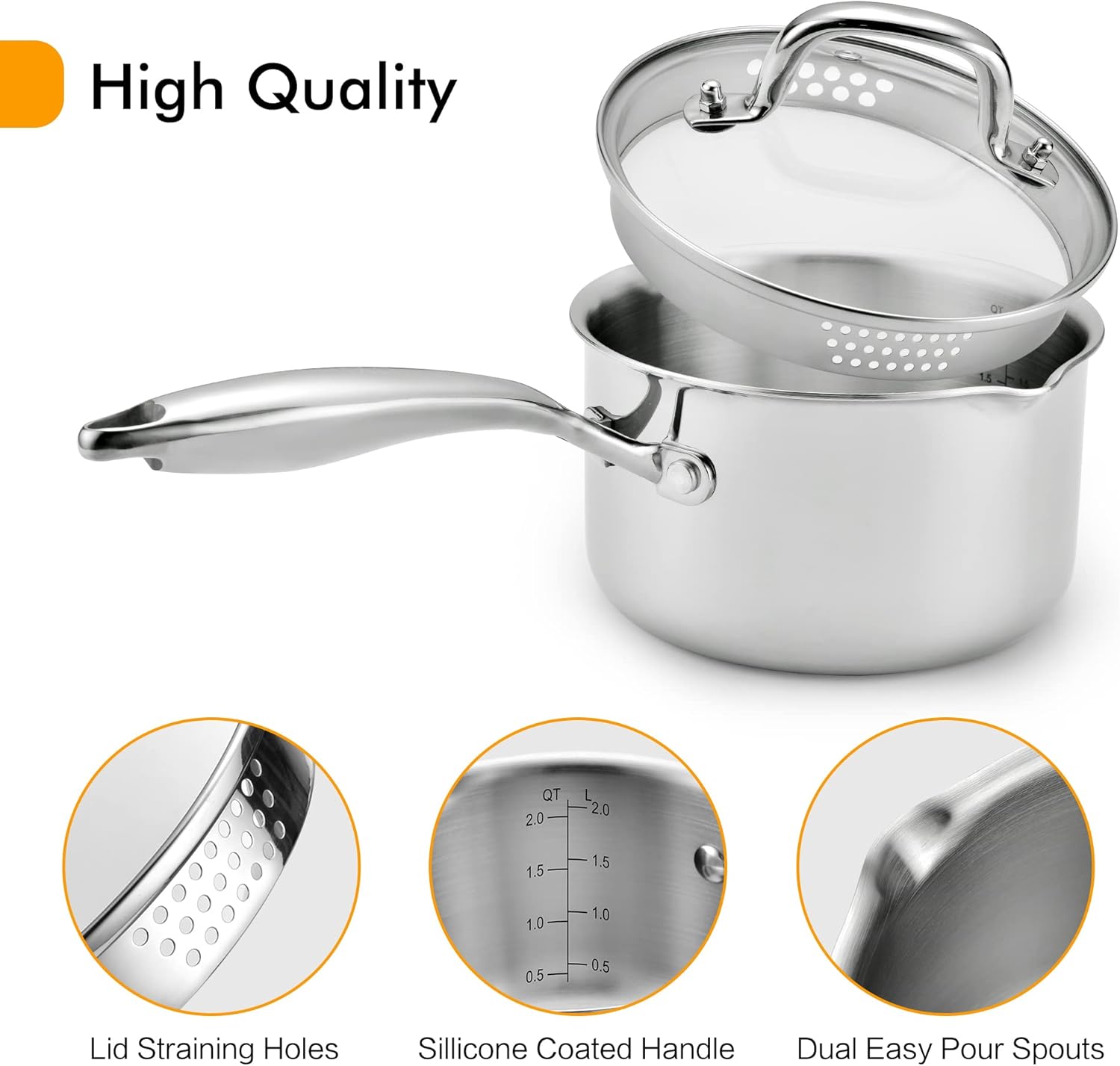 Cyrosa 2.5 Quart Saucepan with Strainer Lid, Stainless Steel Sauce Pot, Sauce Pan for Stove Top, Two Side Spouts for Easy Pour, Dishwasher Safe