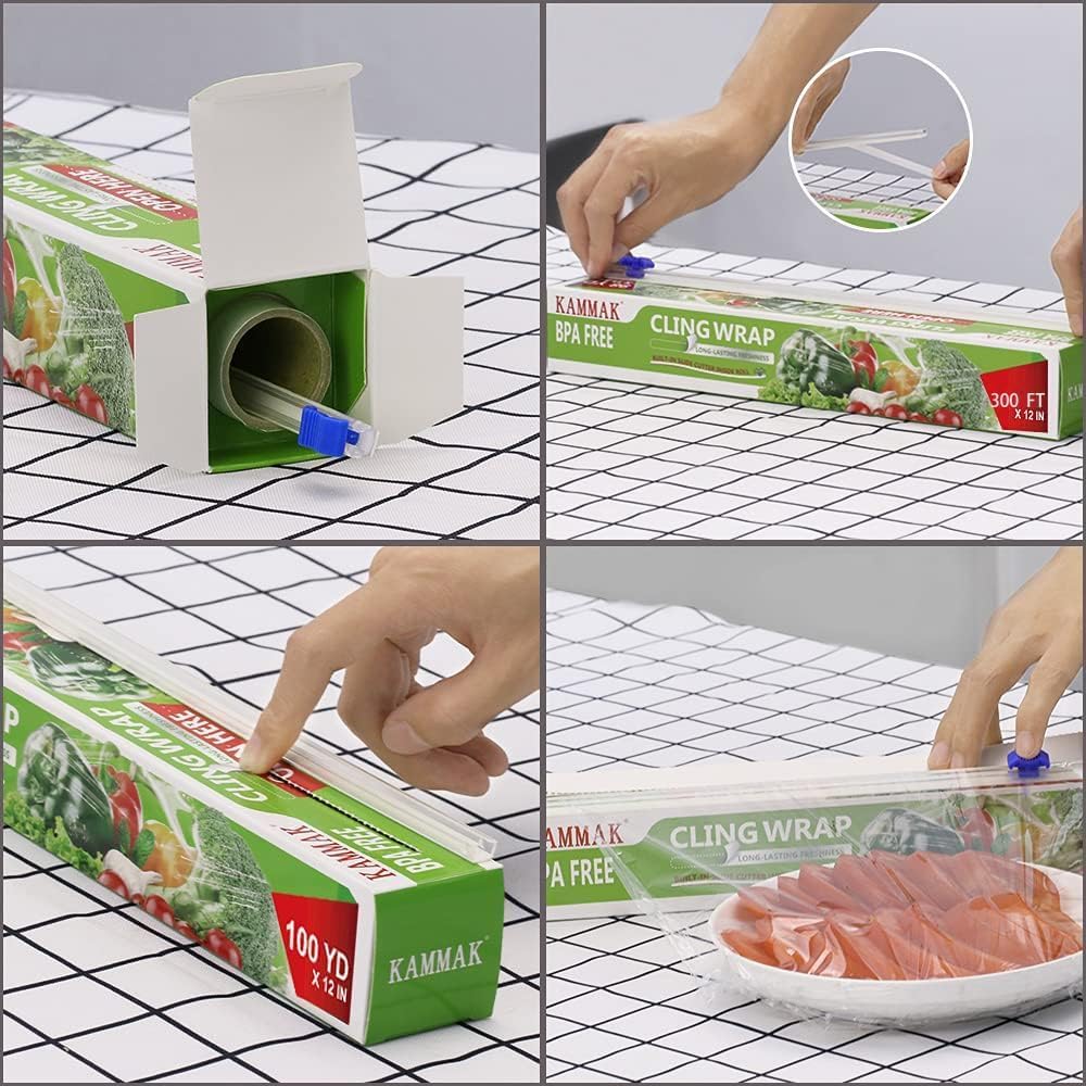 KAMMAK Plastic Wrap, Food Wrap with Slide Cutter, Cling Wrap 12 inch Food Service Clear Cling Film 2 Pack 300 Square FT Roll BPA-Free Microwave-Safe Kitchen Wrap Quick Cut Plastic Film