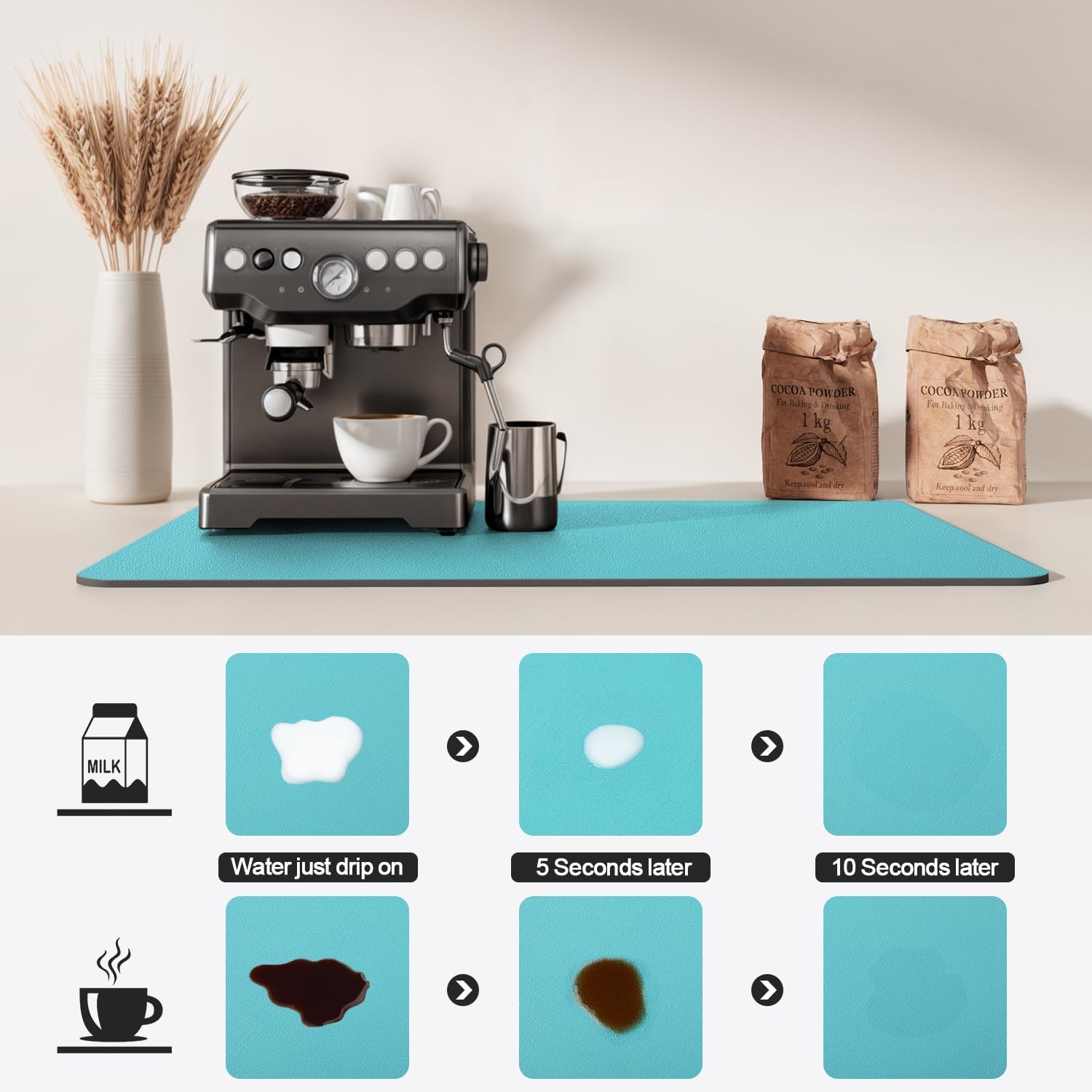 Dish Drying Mat for Kitchen Counter | Coffee Bar Mat for Countertops | Heat Resistant Drainer Mat with Non-slip Rubber Backed | Hide Stain Kitchen Absorbent Draining Mat | Turquoise 16"x20"