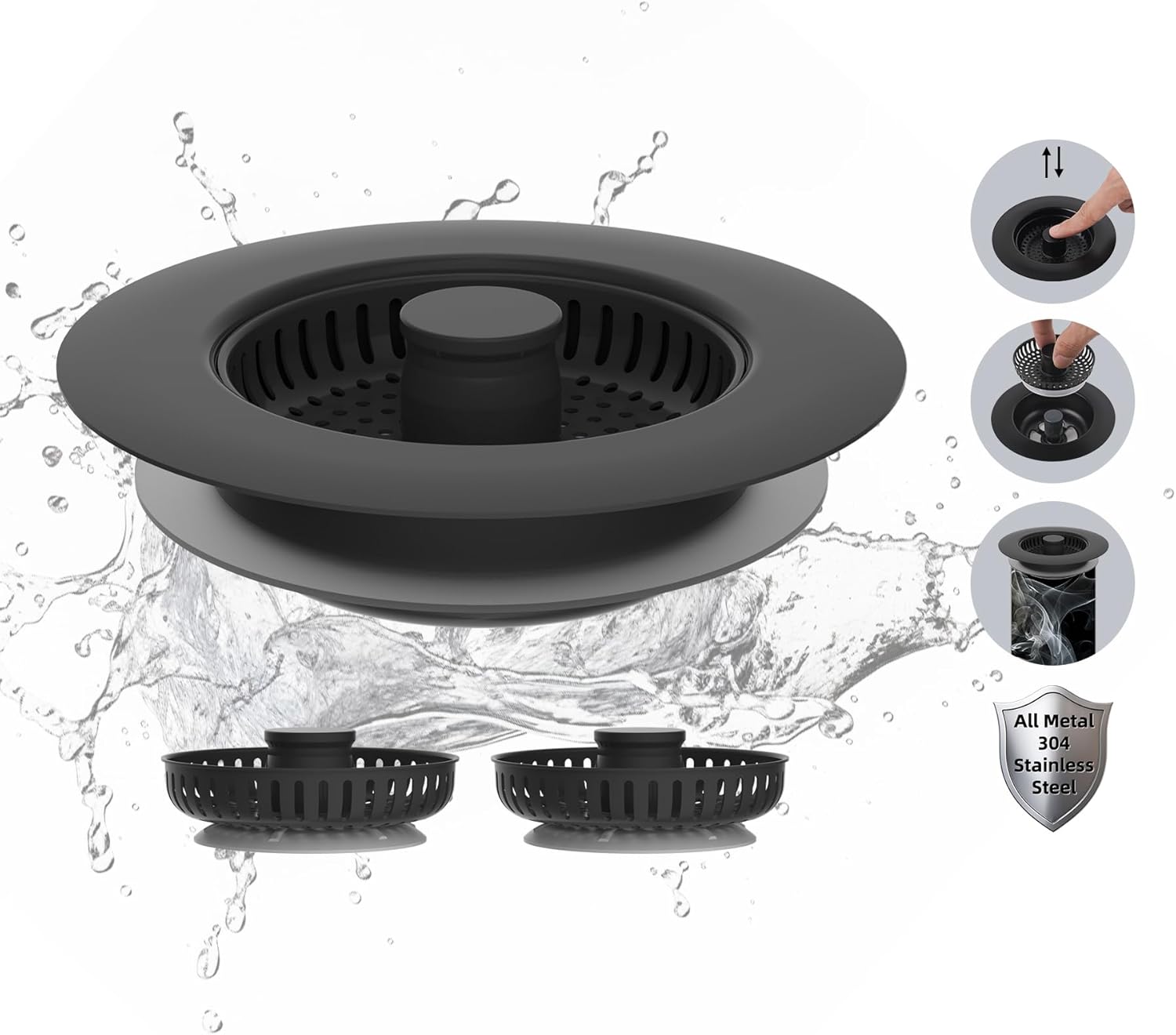 Hibbent All Metal Stainless Steel 3 in 1 Kitchen Sink Drain Strainer, Upgraded Sink Stop Combo, 3 Anti-Clogging Stainless Steel Baskets Strainer with Metal Handle for US Standard 3-1/2" Drain, Black