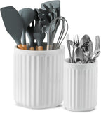Hasense Utensil Holder Set of 2, 7.3" + 5.7" Farmhouse Utensil Holder for Kitchen Countertop, Stable Ceramic Utensil Crock for Christmas & Housewarming Gift, Spatula Holder for Counter, White
