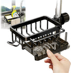 Sink Organizer Rack for Kitchen and Bathroom, 2024 New Stainless Steel Detachable Hanging Faucet Drain Rack with Drip Tray Faucet Sponge Holder for Bathroom, Scrubbers, Soap (Black, Left)