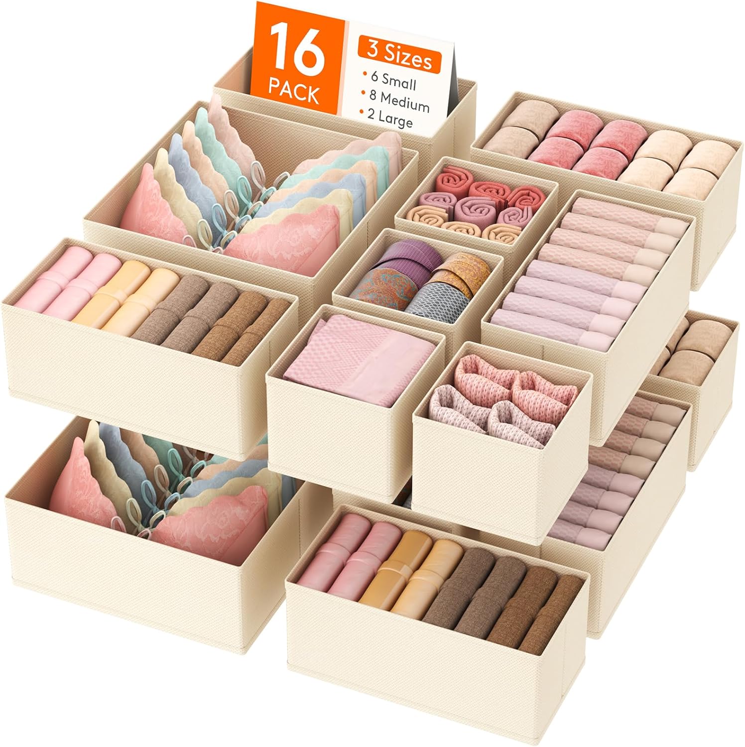 Lifewit 16 Pack Drawer Organizer, Dresser Underwear Drawer Organizer Bins, Foldable Fabric Closet Organizers, Storage Drawer Dividers, Dorm Room Essentials for Clothing, Socks, Towels, Ties Khaki