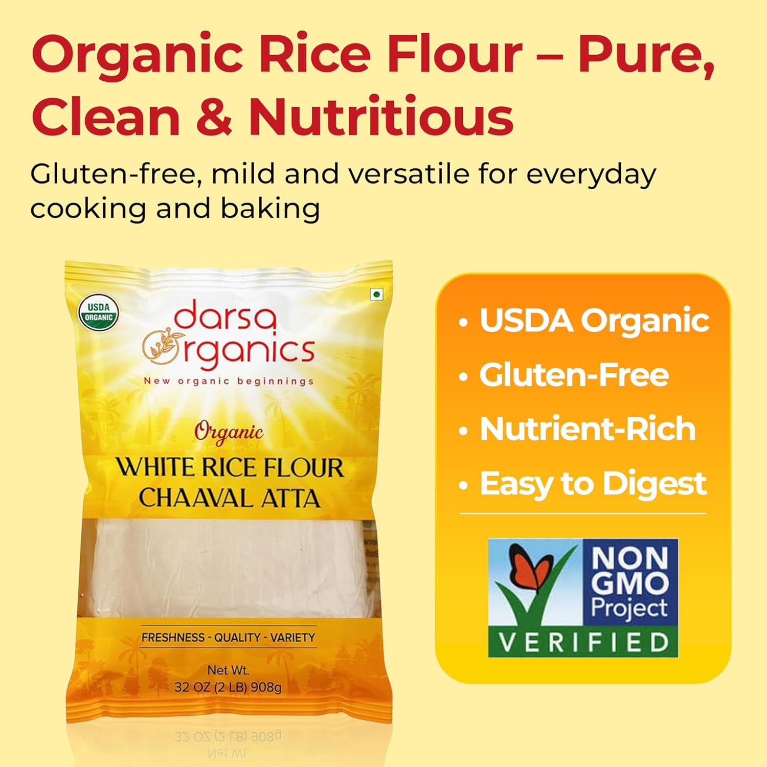 Darsa Organics White Rice Flour - Premium Organic, USDA Certified, Non-GMO, Gluten-Free Rice Powder for Baking & Cooking, Chemical-Free, Long Shelf Life, Food Grade Pouch - 2 lb (908g)