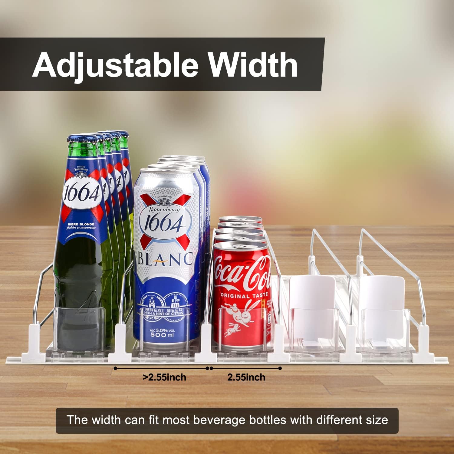 Drink Dispenser for Fridge, Soda Can Organizer for Refrigerator, Adjustable Width Beverage Self-Pushing Glide Rack, Up to 25 Cans Storage for Fridge Pantry (White, 15 Inch, 5 Rows)