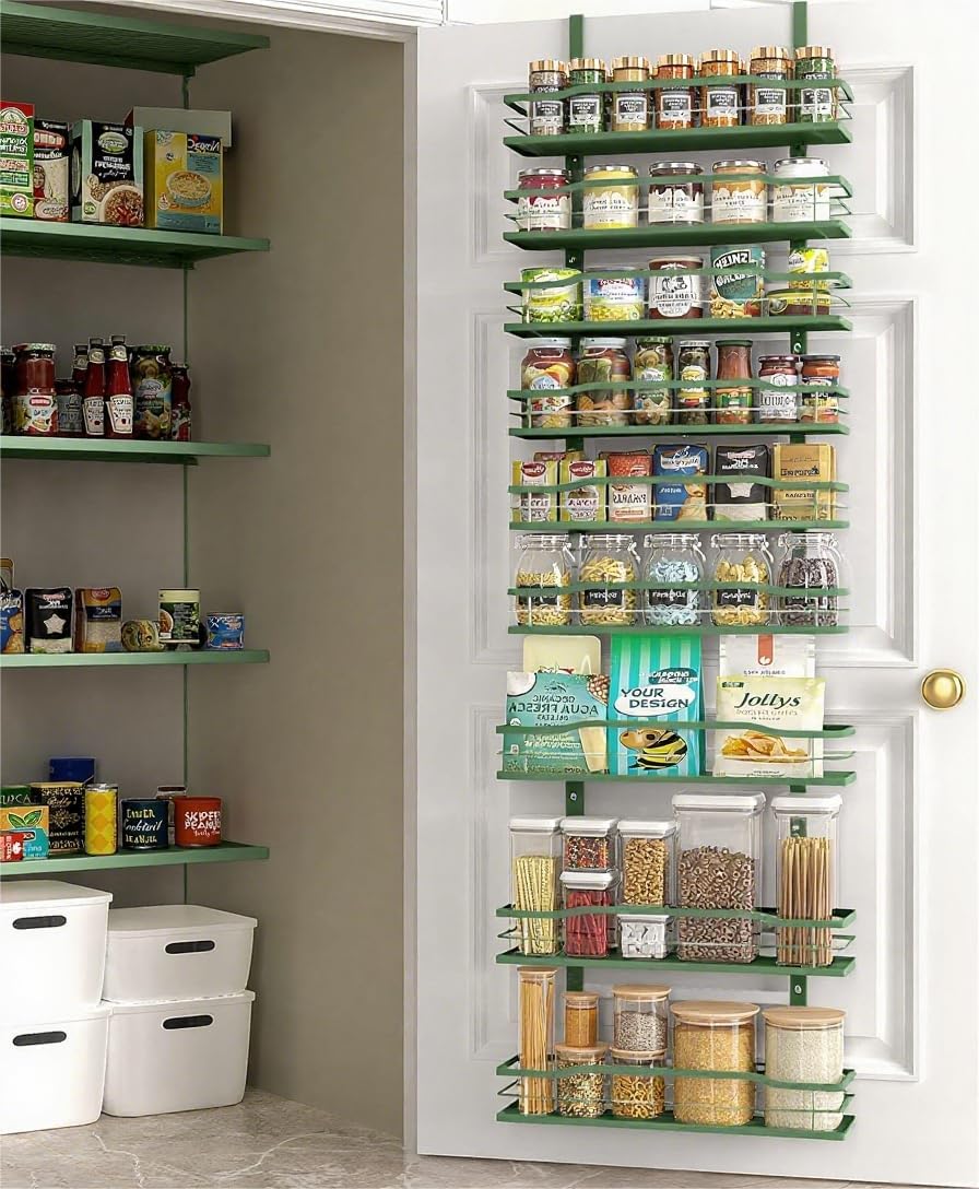Moforoco Sage Green 9-Tier Over The Door Pantry Organizer, Pantry Organization and Storage, Black Hanging Basket Wall Spice Rack Seasoning Shelves