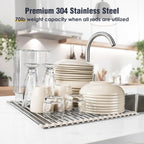 Tomorotec 21" x 15.5" Roll Up Dish Drying Rack Over Sink Drying Rack Sink Cover Kitchen Sink Accessories Gadget Multipurpose Organizer Foldable Stainless Steel Drainer