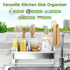 Stainless Steel Sink Caddy, Sponge Holder for Kitchen Sink with Brush Holder & Dishcloth Rack, Rustproof Organizer Countertop, Soap Dispenser Kitchen Organizers Storage Essentials, White