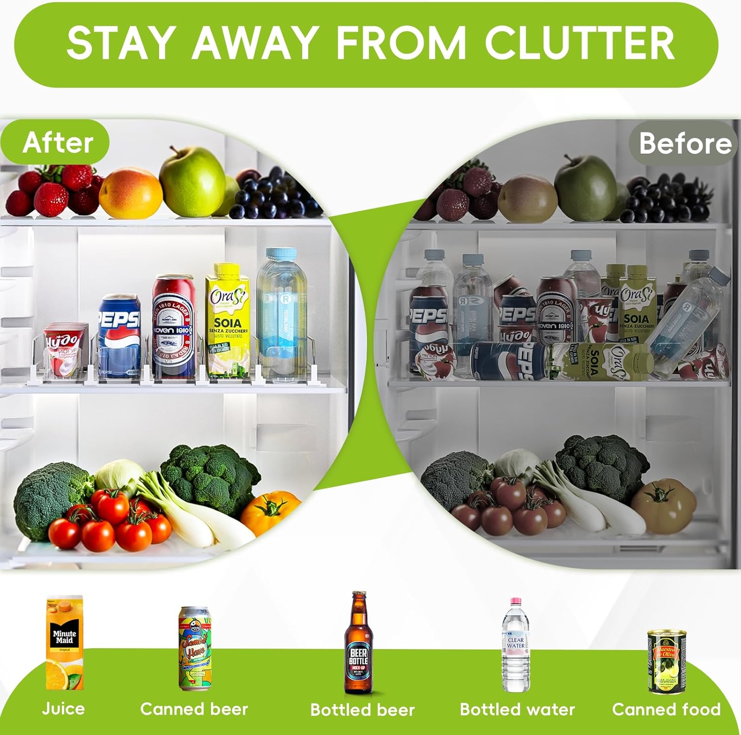 Soda Can Dispenser for Refrigerator,Self-Pushing Drink Organizer for Fridge, Width Adjustable Fridge Organization, Beer Pop Can Water Bottle Drink Dispenser for Fridge (15.1" D) White (5 Row, White)