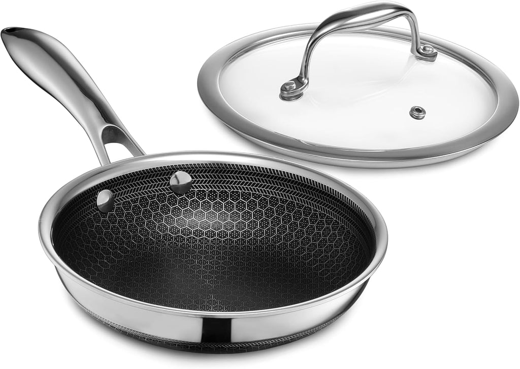 HexClad Hybrid Nonstick 7-Inch Frying Pan with Tempered Glass Lid, Stay-Cool Handle, Dishwasher-Friendly, Oven-Safe Up to 900°F, Induction Ready, Compatible with All Cooktops