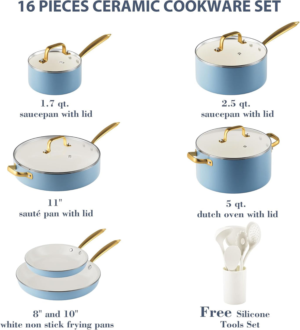 Ceramic Cookware Set, VONIKI 16 Pcs Pots and Pans Set Non Stick, Kitchen Cookware Sets with Cooking Utensils Set, Non Toxic Cookware Set White Gold Pan Set for Cooking Pot Oven & Dishwasher Safe, Gift