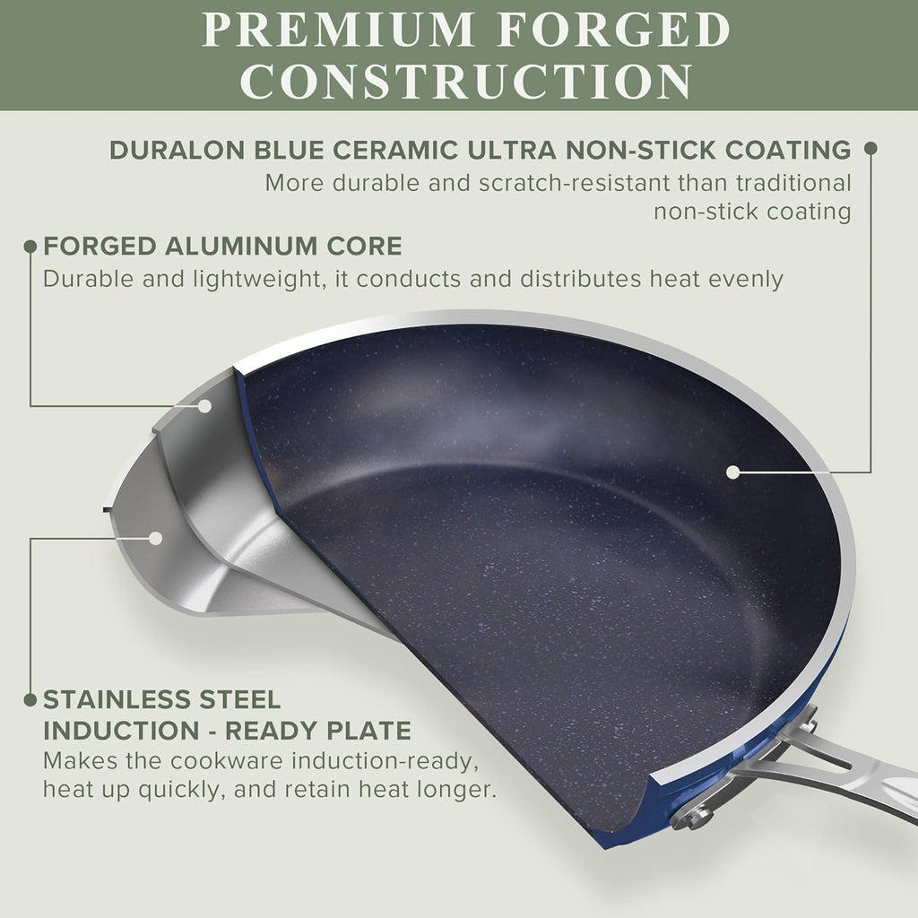 Nuwave Healthy Duralon Blue Ceramic Nonstick Cookware Set, Diamond Infused Scratch-Resistant, PFAS Free, Dishwasher & Oven Safe, Induction Ready & Evenly Heats, Tempered Glass Lids & Stay-Cool Handles