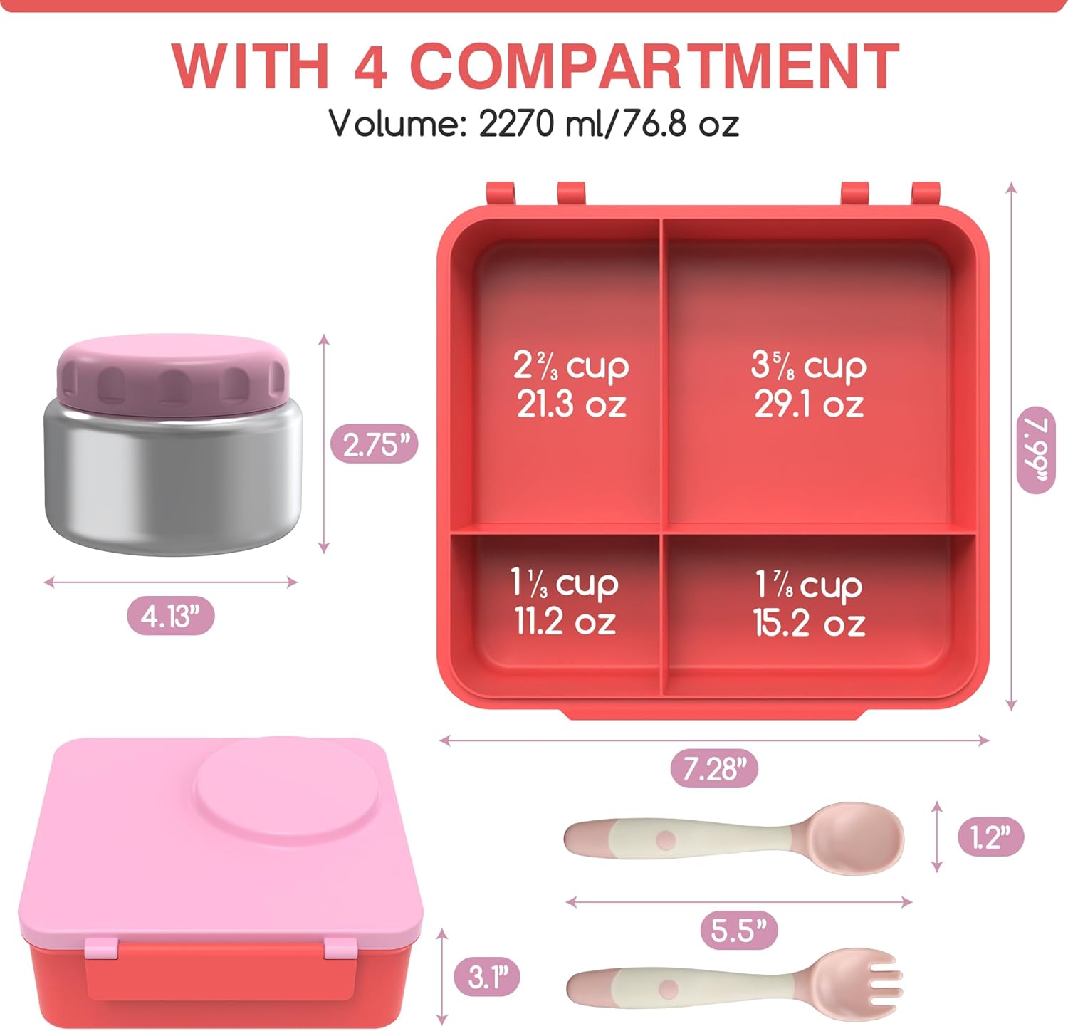 Bento Box for Kids - Leak-Proof Lunch Box with Insulated Thermos Food Jar - 4 Compartments, 1 Removable Divider, 1Spoon, 1 Fork - Dishwasher Safe, BPA-Free (Pink)