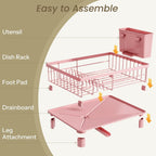 Dish Drying Rack - Small Dish Rack for Kitchen Counter, Stainless Steel Dish Drainer with Utensil Holder and Drainboard (Pink)