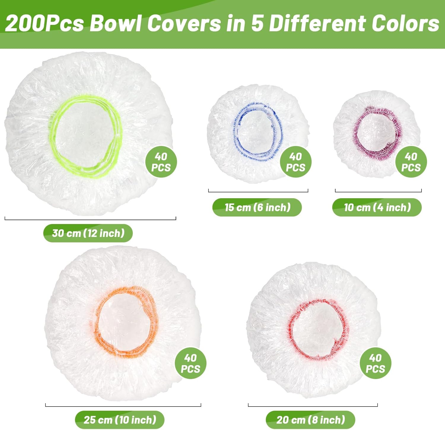 200Pcs Reusable Plastic Bowl Covers - 5 Sizes With Elastic, Food Grade Safe Material