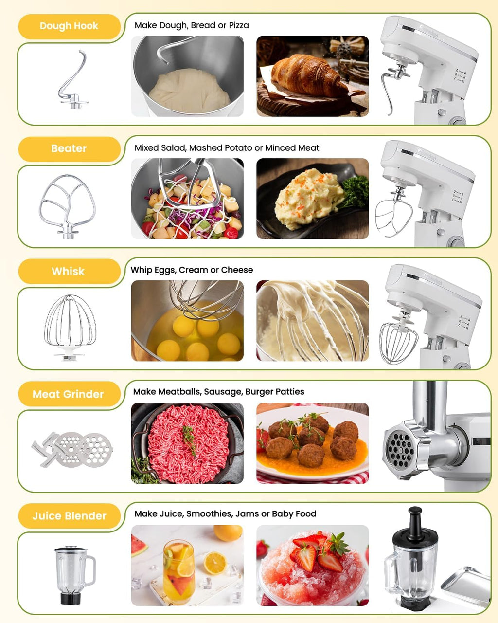 Stand Mixer 7-IN-1 1500W 6.5 QT Multifunctional Electric Kitchen Mixer 6+P Speed Tilt-Head with Stainless Steel Bowl&Handle, 1.5L Glass Jar, Meat Grinder, Dough Hook, Whisk, Pasta Attachments