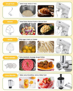 Stand Mixer 7-IN-1 1500W 6.5 QT Multifunctional Electric Kitchen Mixer 6+P Speed Tilt-Head with Stainless Steel Bowl&Handle, 1.5L Glass Jar, Meat Grinder, Dough Hook, Whisk, Pasta Attachments