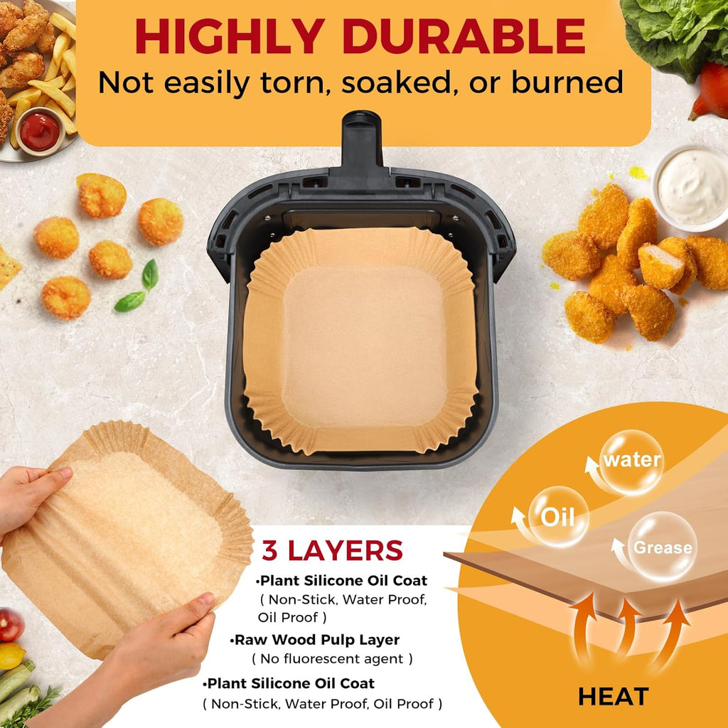Air Fryer Liners Disposable - 150Pcs 6.5In Square Parchment Paper for Air Fryer Non-Stick Airfryer Basket Liners for Steamer Microwave Oven