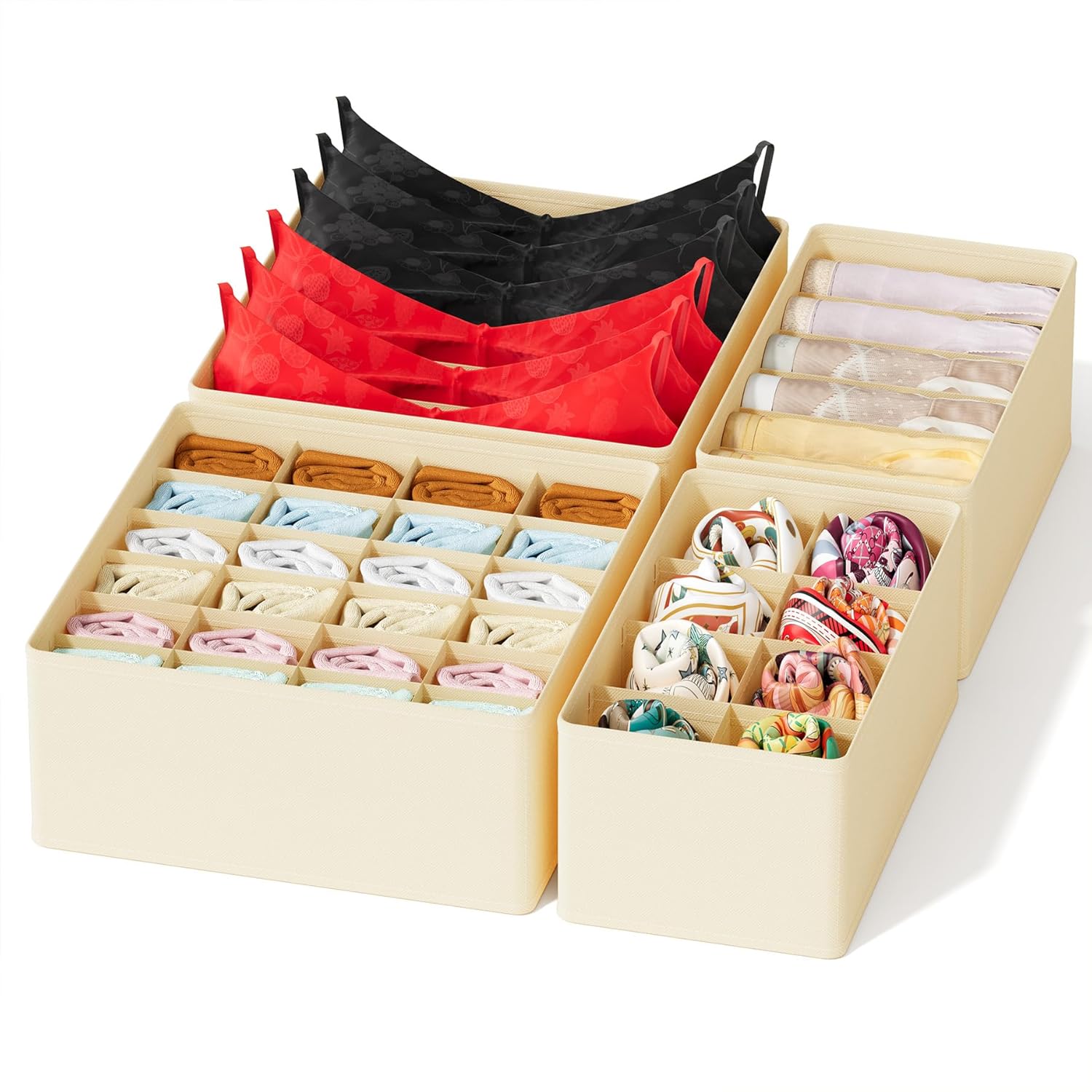 SpaceAid Underwear Drawer Organizer, 4 Pack Dresser Organizer Bins for Nursery, Closet Organization and Storage with Dividers for Baby Clothes Socks Bra Ties Scarf (Beige)