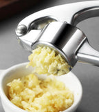 Stainless Steel Garlic Press Set w/Silicone Peeler & Brush, Heavy Duty Metal Garlic Mincer, Dishwasher Safe, Easy Clean (Regular Handle)