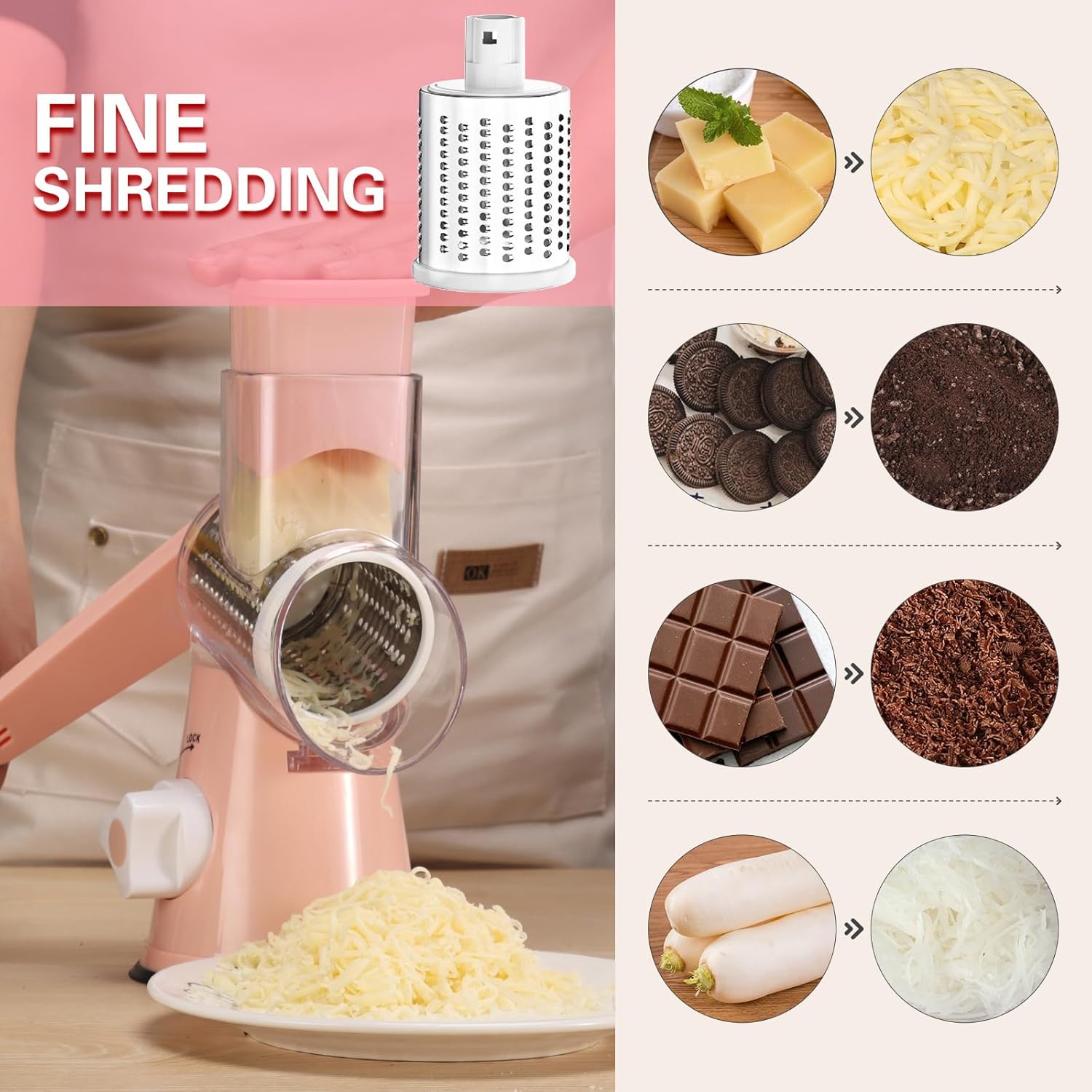 Cambom Rotary Cheese Grater Hand Crank Cheese Shredder for Fresh Cheese, Vegetable, Nuts,Non-slip Suction Base, Free Cleaning Brush Three Blades, Pink