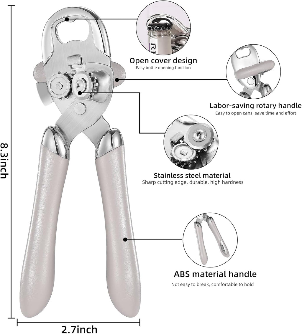 Multi-function Manual Can Opener Bottle Opener, Oversized Hand-held Easy Rotary Knob, Safe Cut Can Opener with Non-Slip Handle, Smoother Cut Sharp Blade for Seniors Kitchen Tool, Grey