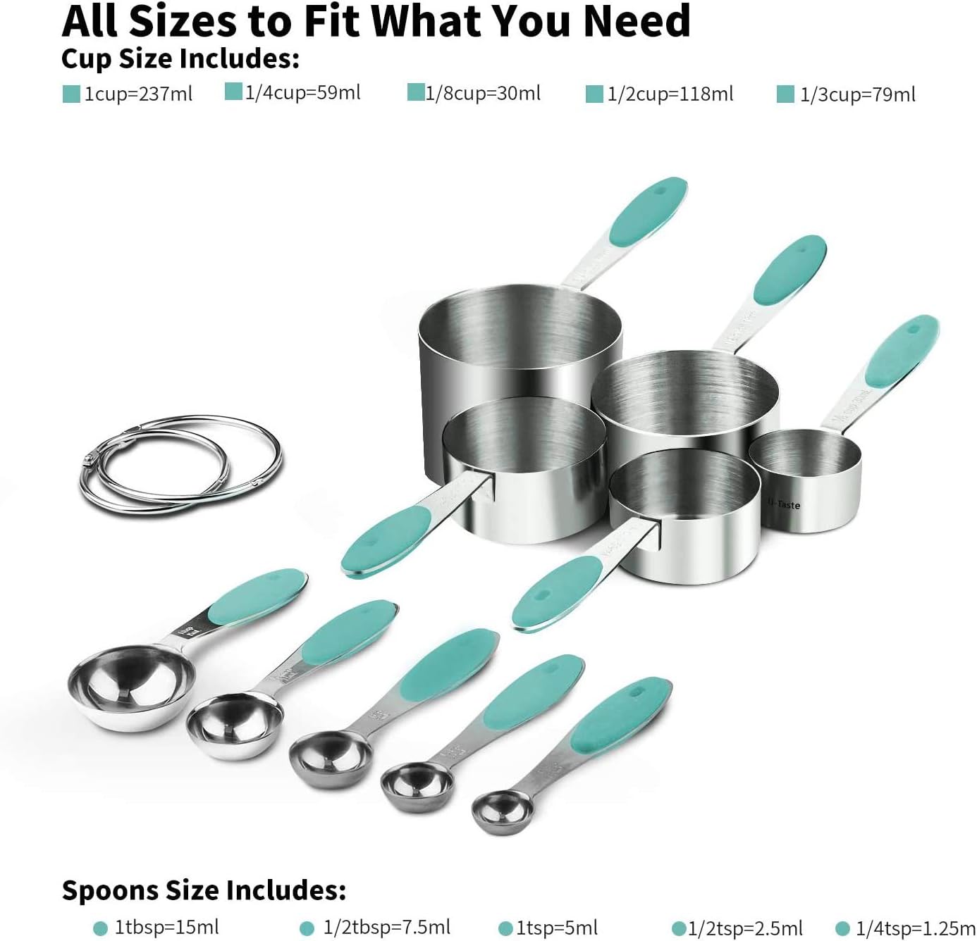 Measuring Cups : U-Taste 18/8 Stainless Steel Measuring Cups and Spoons Set of 10 Piece, Upgraded Thickness Handle(Aqua Sky)