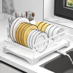 Dish Drying Rack,Dish Racks for Kitchen Counter, Metal Dish Drainer with Adjustable Drainage Spout, Removable Knife and Fork Holder (White)