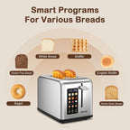 Mecity 2 Slice Toaster Touch Screen 1.5" Wide Slot, Stainless Steel Smart Bread Toaster for Bagel Muffin Waffle Gluten Free Breads, Timer, Defrost, Reheat, 120V 825W