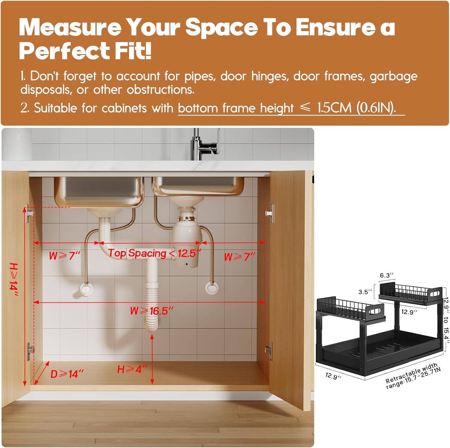 1 Pack-15.7"-25.7"W Expandable Under Sink Organizer With Upgrade Ball-Bearing Slide,2-Tier Pull Out Under Cabinet Organizer Height Adjustable,Not Suitable For Cabinets With Partitions In The Middle
