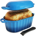 Dutch Oven Enameled Cast Iron Bread Pan with Lid Sourdough Loaf Pans for Baking Bread Large Heavy Oval Bread Dutch Oven with Movable Handle 4 Qt Blue Dishwasher Safe