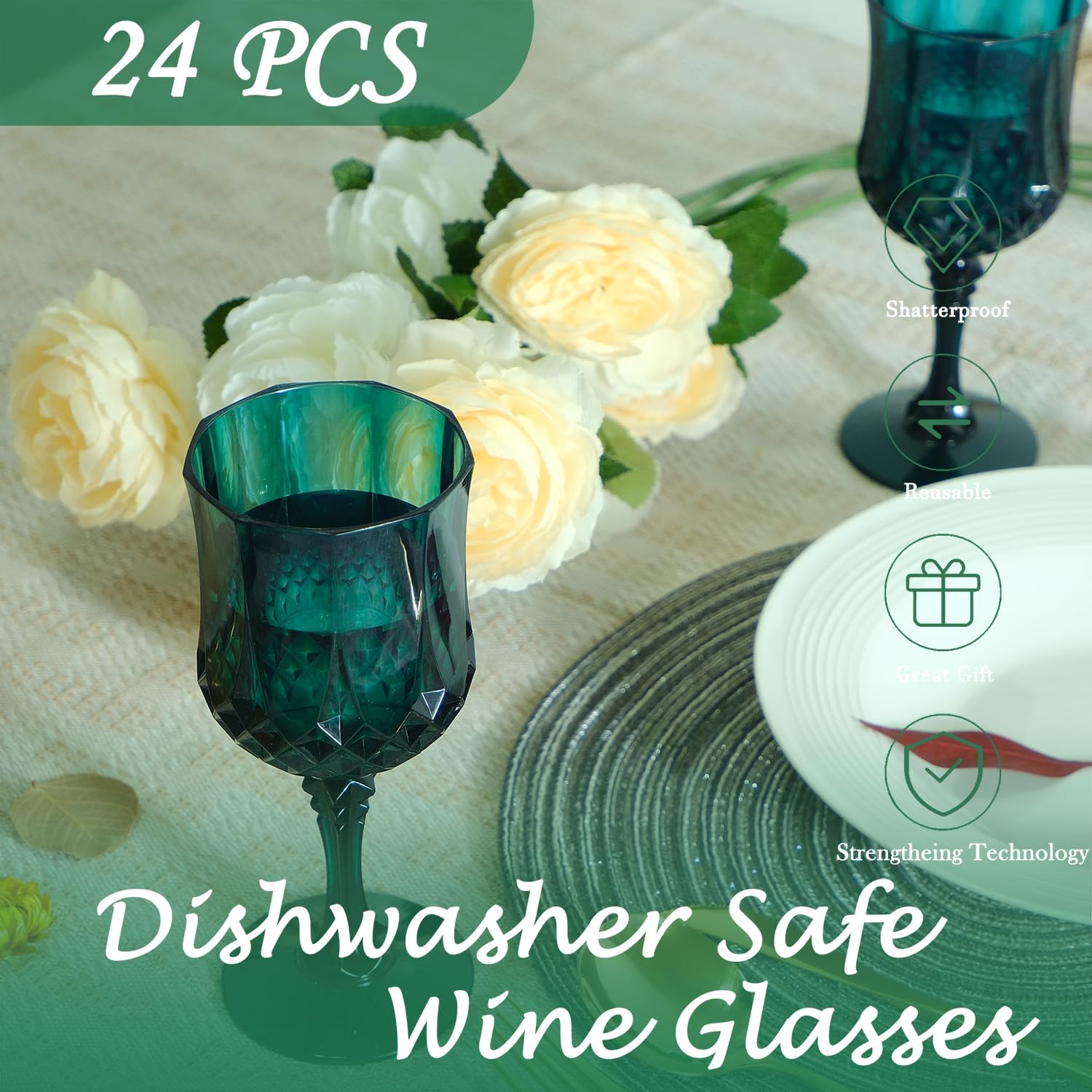 Plastic Wine Glasses，Plastic Goblets Vintage Style Cordial Drinking Glasses for Wedding Reception, Grand Event Party Supplies (24, Green)