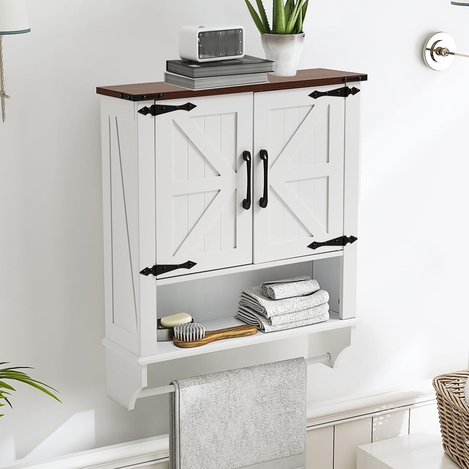 JOMEED Bathroom Wall Cabinet, Farmhouse Medicine Cabinet Storage with Doors and Adjustable Shelf, Over The Toilet Storage, White