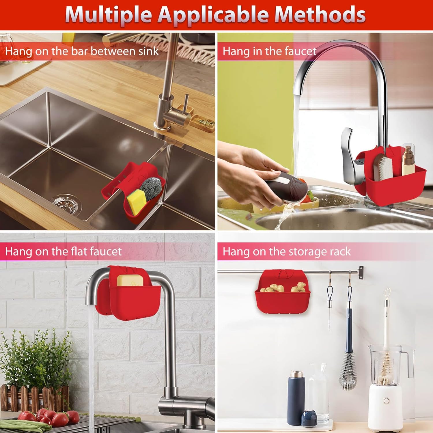 Sponge Holder for Kitchen Sink, Silicone Sink Saddle Caddy Organizer Rack, Sponges Holder Over Faucet, Hanging Kitchen Organizer Accessories Rack Basket Red