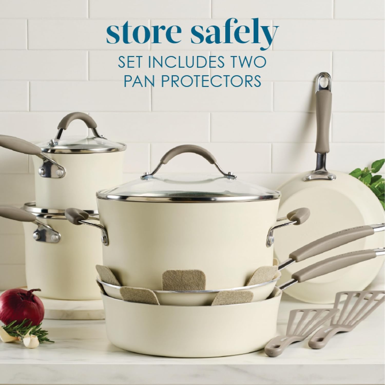 Rachael Ray Cucina Ceramic Cookware Set - 13 Pieces - Ceramic Pots and Pans Set w/Nonstick Frying Pans, Saute Pan, Saucepans, Stockpot, Lids, Pan Protectors & Cooking Utensils - Almond